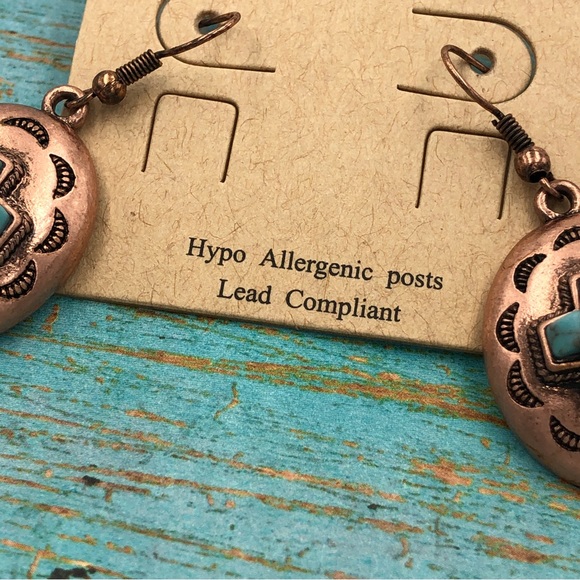 🌼 Copper Tone Turquoise Cross Western Concho Dangle Earrings - Picture 2 of 3